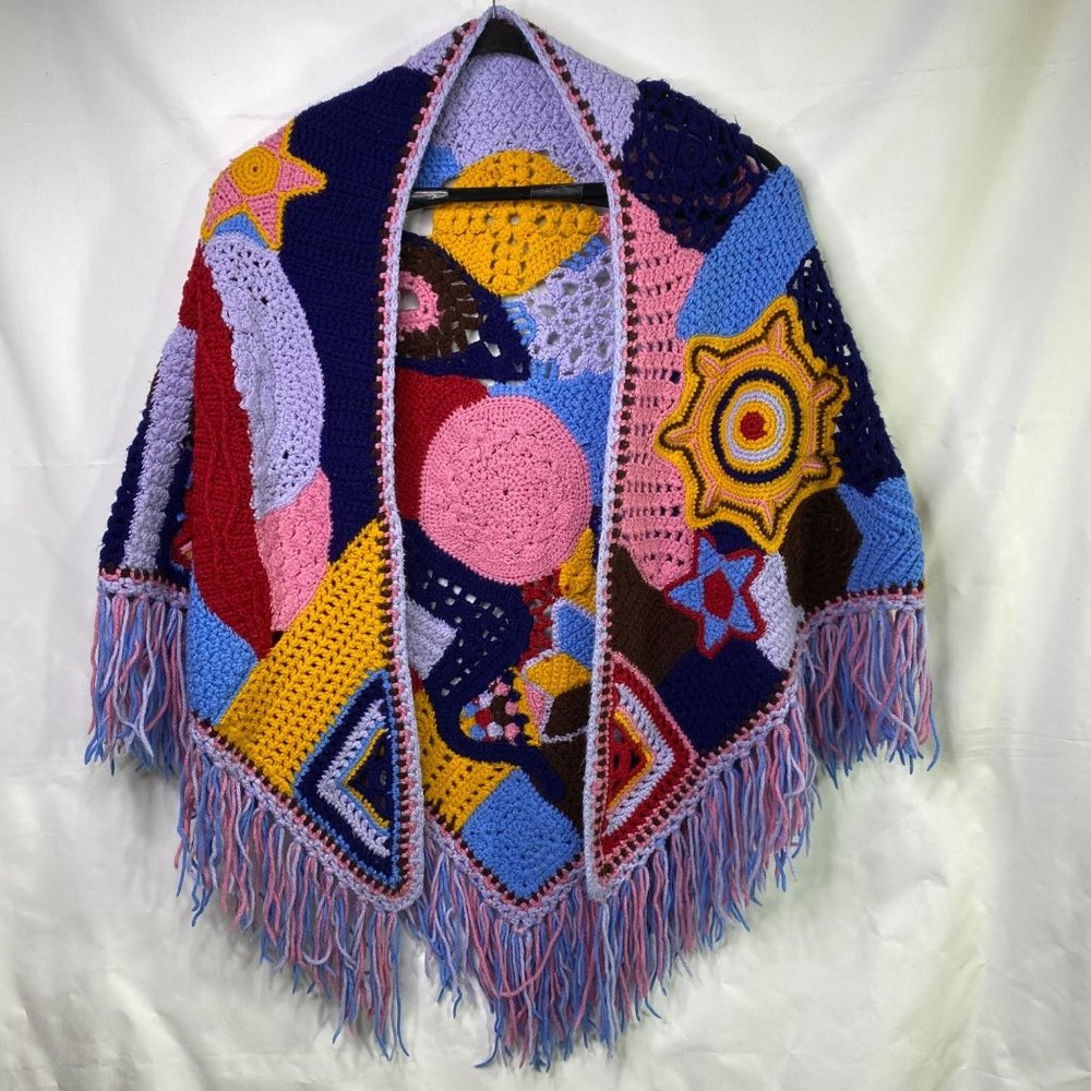 Vintage Crochet BOHO Shawl Cape Afghan Fringe Hippie Granny 50" x 70" x 50"